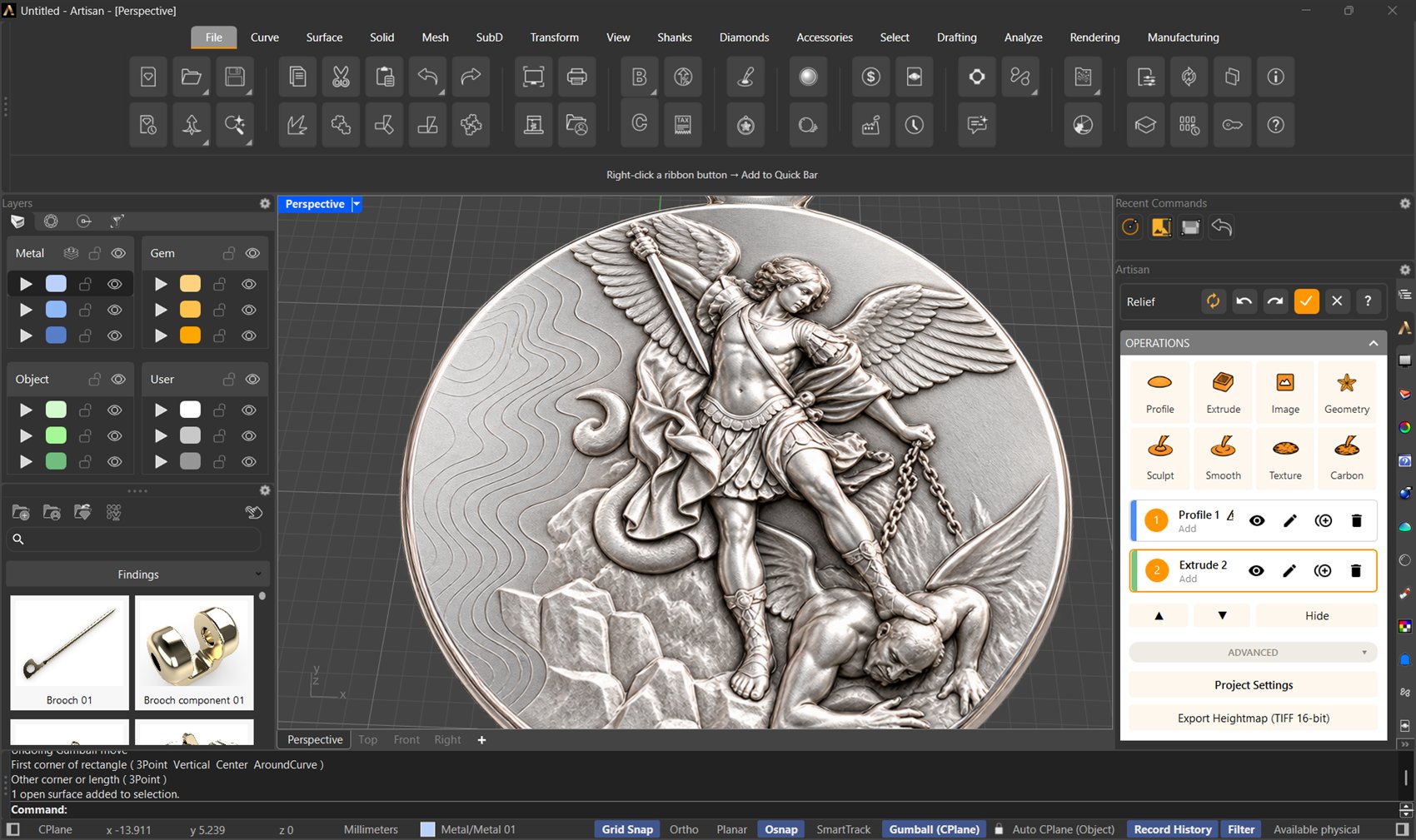 The Relief panel next to a finished Saint Michael medal: the operation tiles and the editable stack