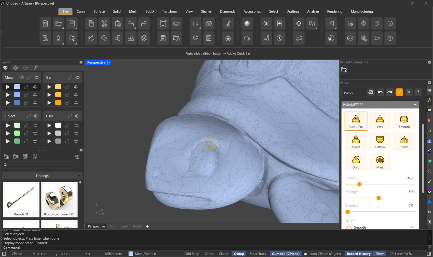 The Sculpt panel next to a mesh being sculpted: the brush grid, Radius, Strength, Stabilize and Falloff