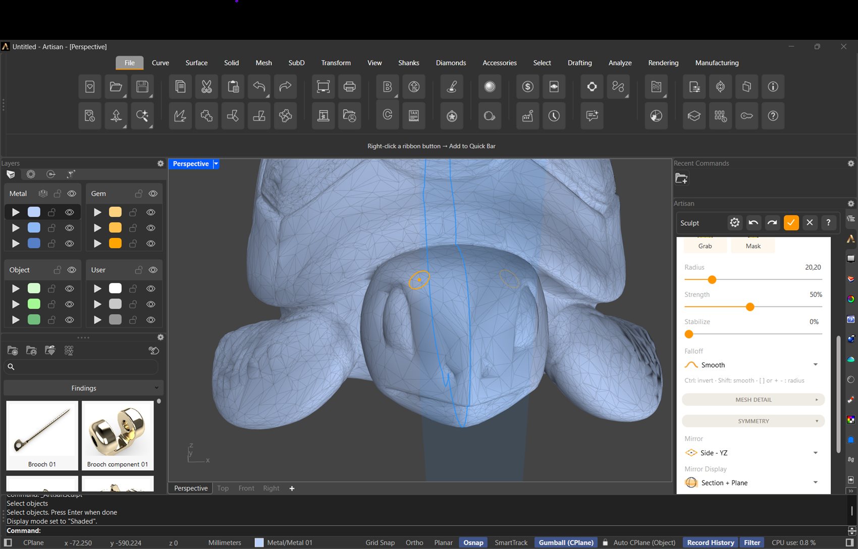 Sculpting with Side-YZ symmetry: the mirror plane crosses the model and the brush works both sides at once