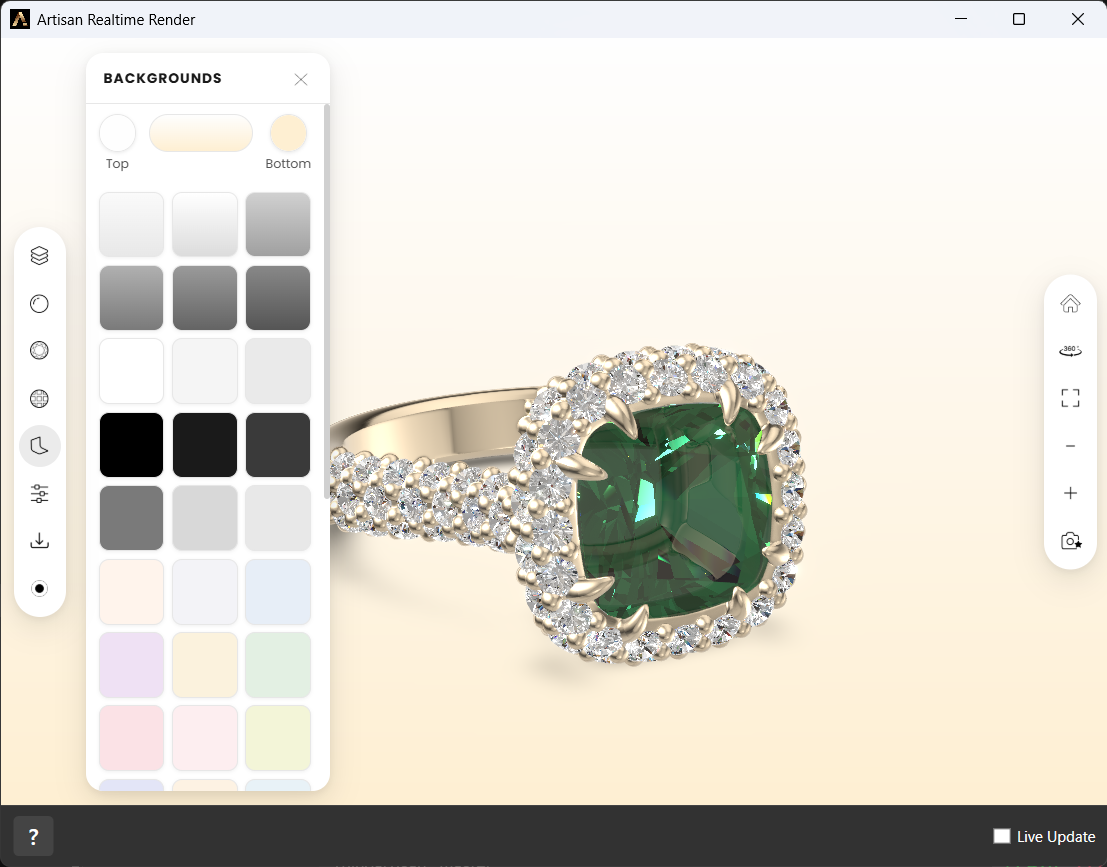 The Backgrounds panel: Top and Bottom color selectors with a live gradient preview above the preset grid