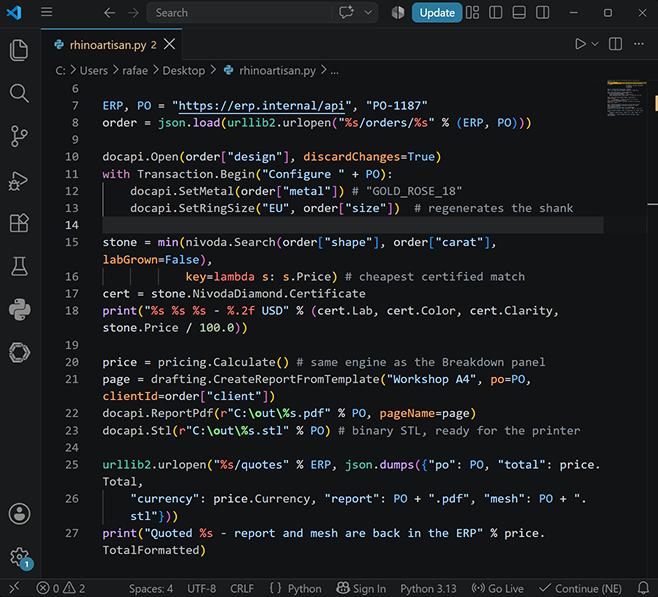 A RhinoArtisan Python script open in VS Code, pulling an order from an ERP and quoting, reporting and exporting it